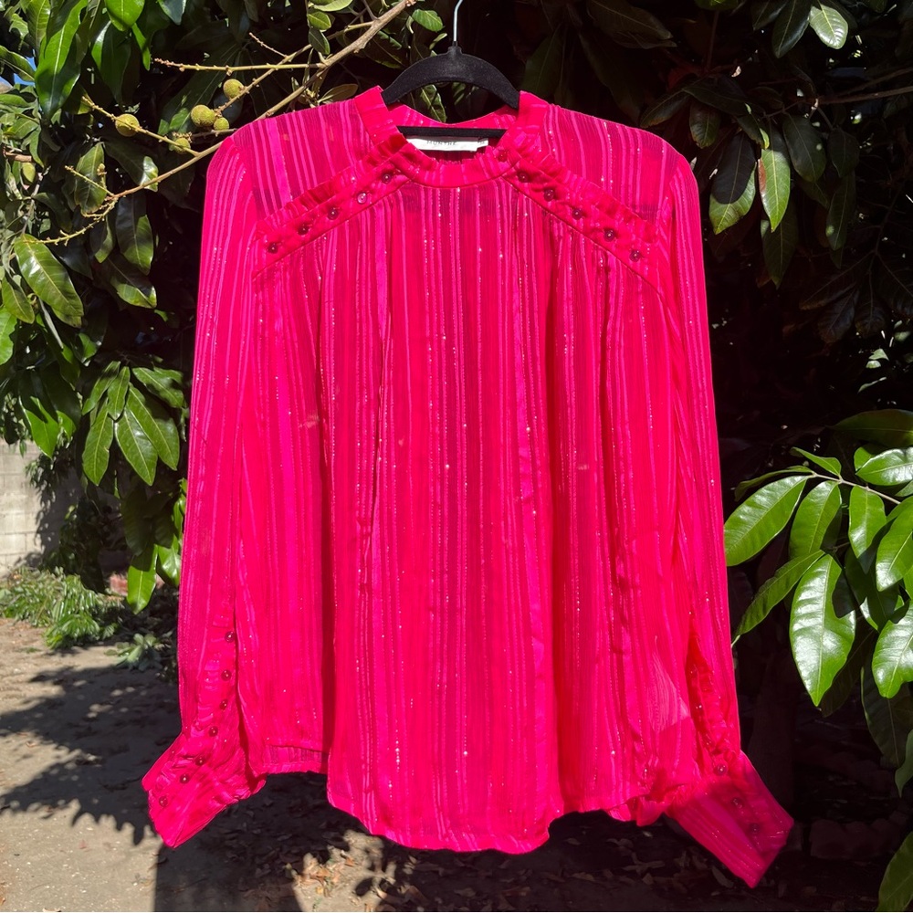 MUNTHE magenta fuschia pink sheer metallic lurex striped long sleeve blouse
